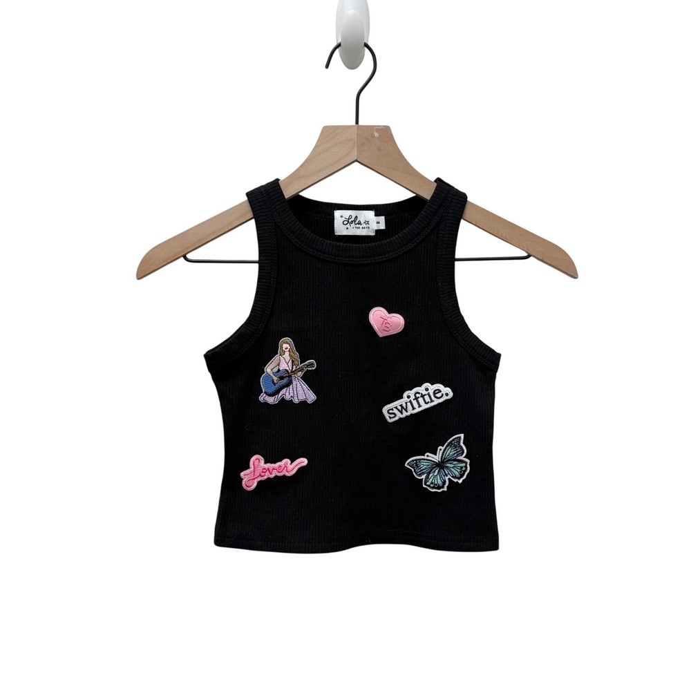 Lola + The Boys Kids Swiftie Eras Patches Ribbed Tank Top Black Size 8